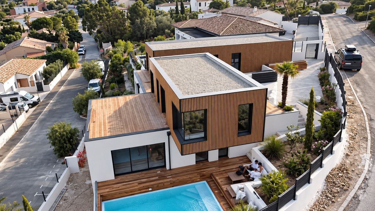 Vue aérienne de la villa container : volumes contemporains, bardage bois et piscine