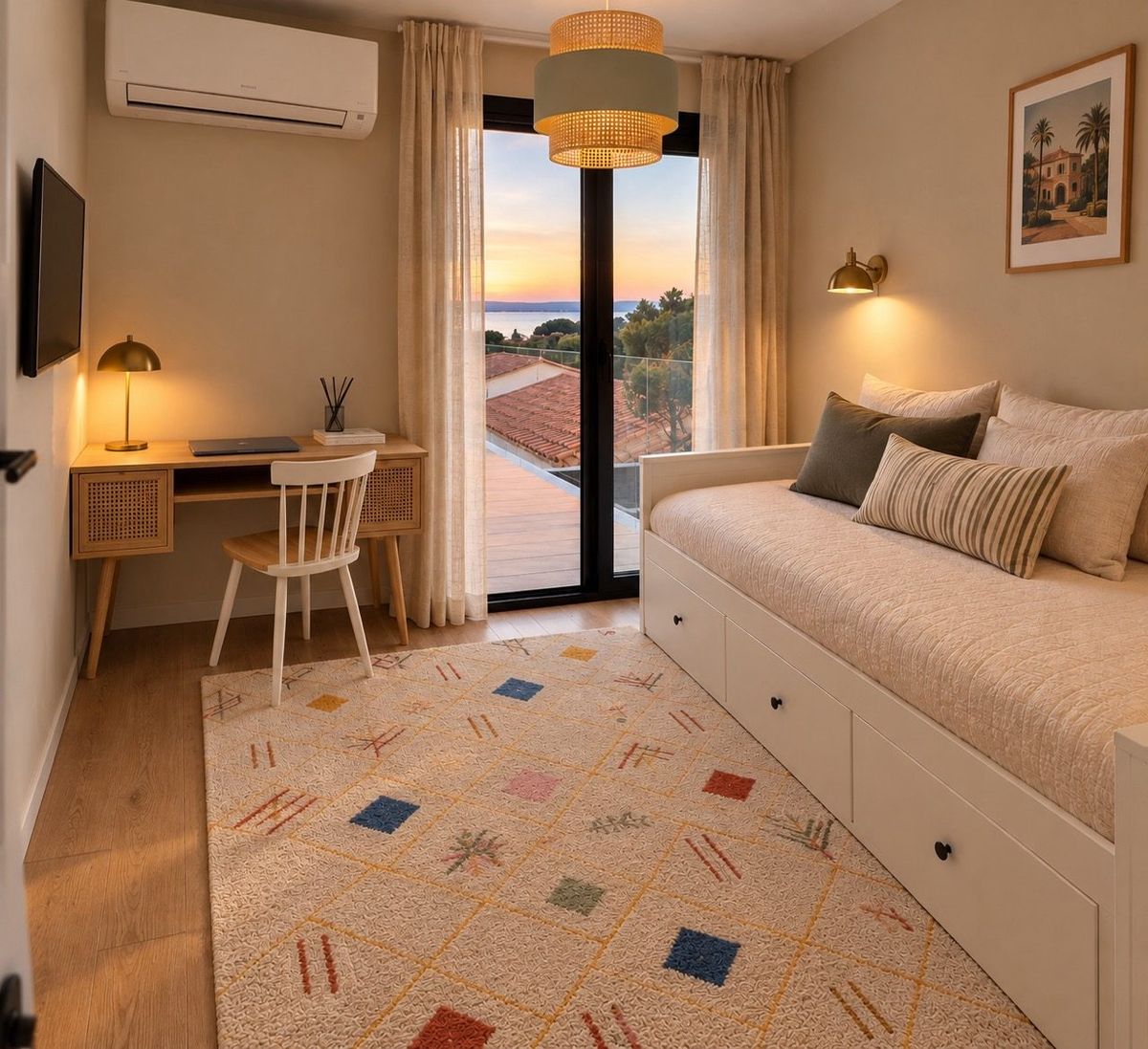 Chambre avec bureau et vue sur la mer au coucher du soleil