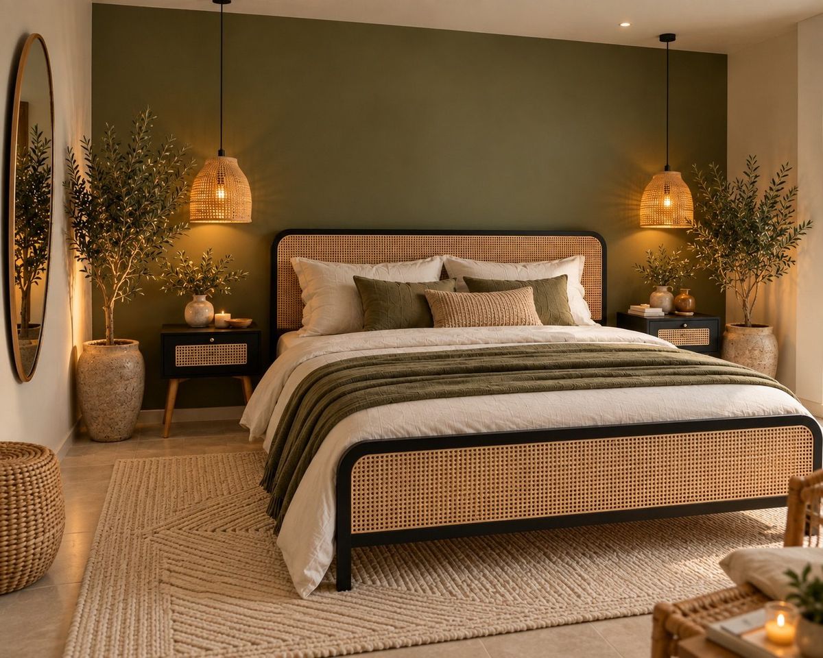 Chambre en cannage, ambiance vert olive et oliviers