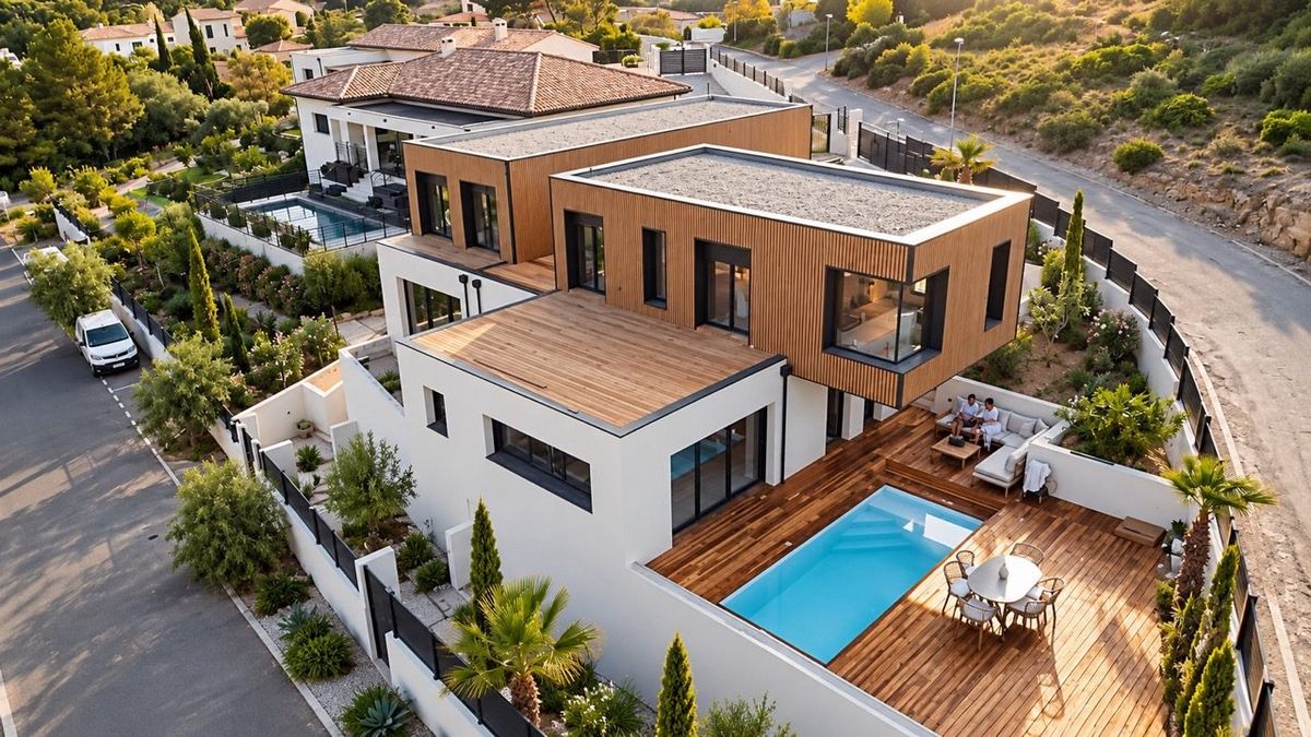 Vue aérienne de la villa container : piscine chauffée, terrasse en bois et Méditerranée à Fitou