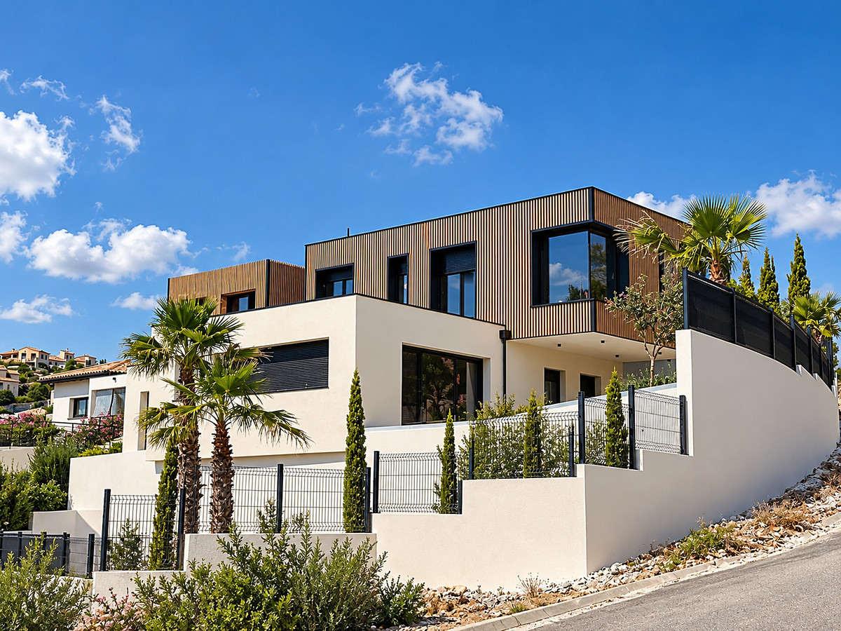 Villa container d architecte à Fitou : volumes contemporains, bardage bois et stucco sous le soleil méditerranéen