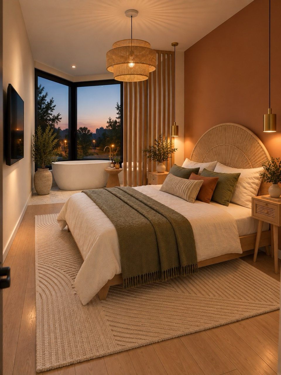 Suite avec baignoire îlot et mur terracotta