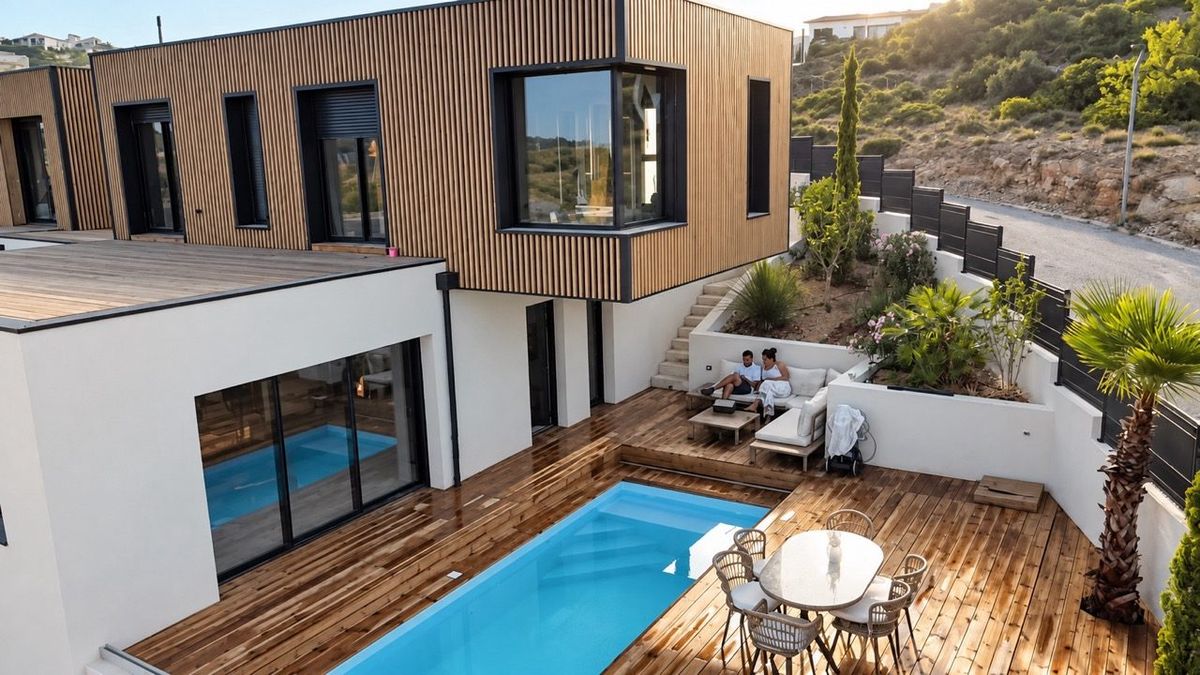 Terrasse de la villa au coucher de soleil