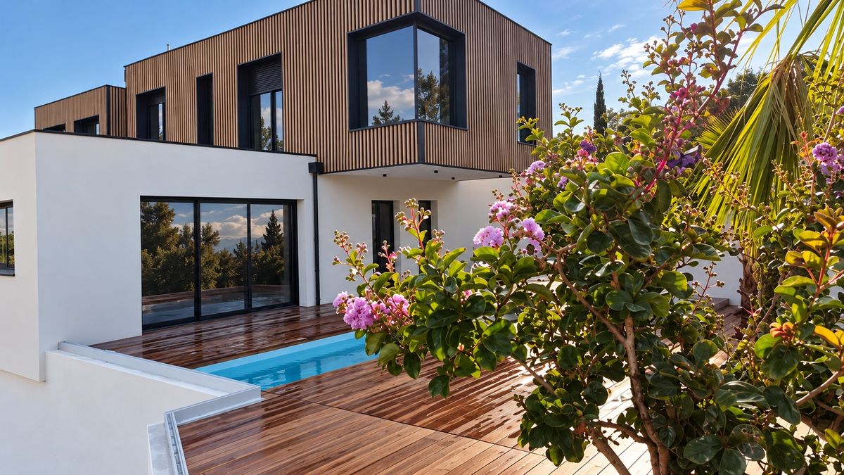 Terrasse en bois et piscine chauffée bordées de lauriers en fleurs, bardage bois de la villa container