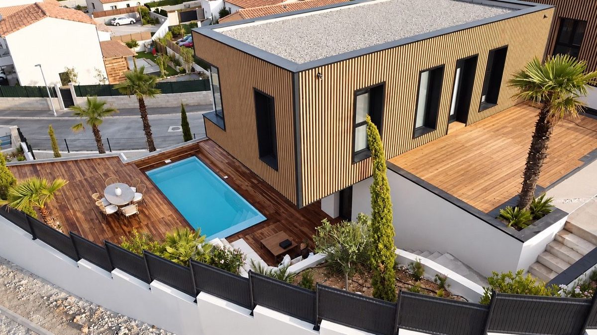 Vue aérienne d'ensemble de la villa container